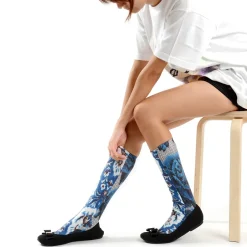 Footwear>Ahcahcum Blue Rose & Flower Knee High Socks