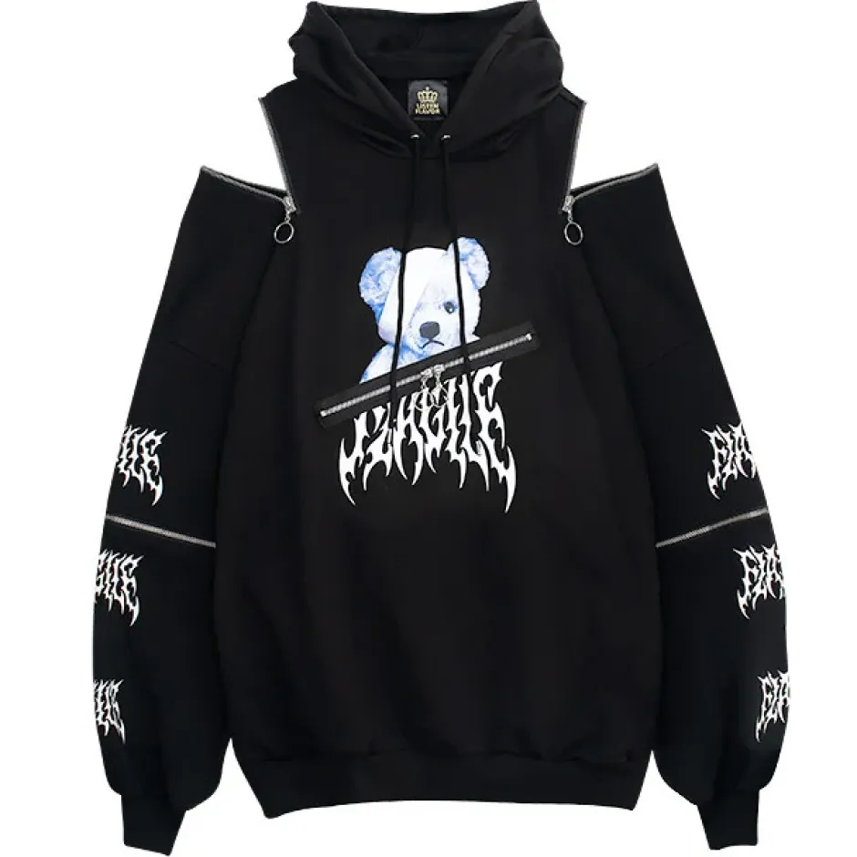 Jackets & Hoodies>LISTEN FLAVOR Bandage Bear Shoulder Zip 2-Way Hoodie
