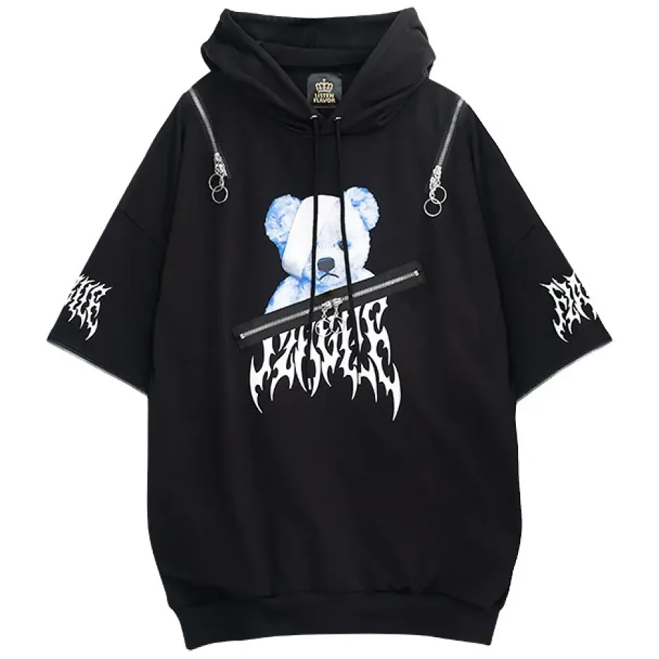 Jackets & Hoodies>LISTEN FLAVOR Bandage Bear Shoulder Zip 2-Way Hoodie