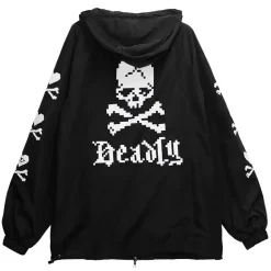 Jackets & Hoodies>LISTEN FLAVOR Black 8-Bit Skull Anorak Jacket
