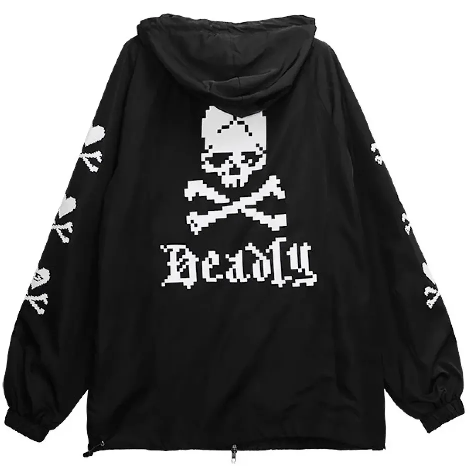 Jackets & Hoodies>LISTEN FLAVOR Black 8-Bit Skull Anorak Jacket