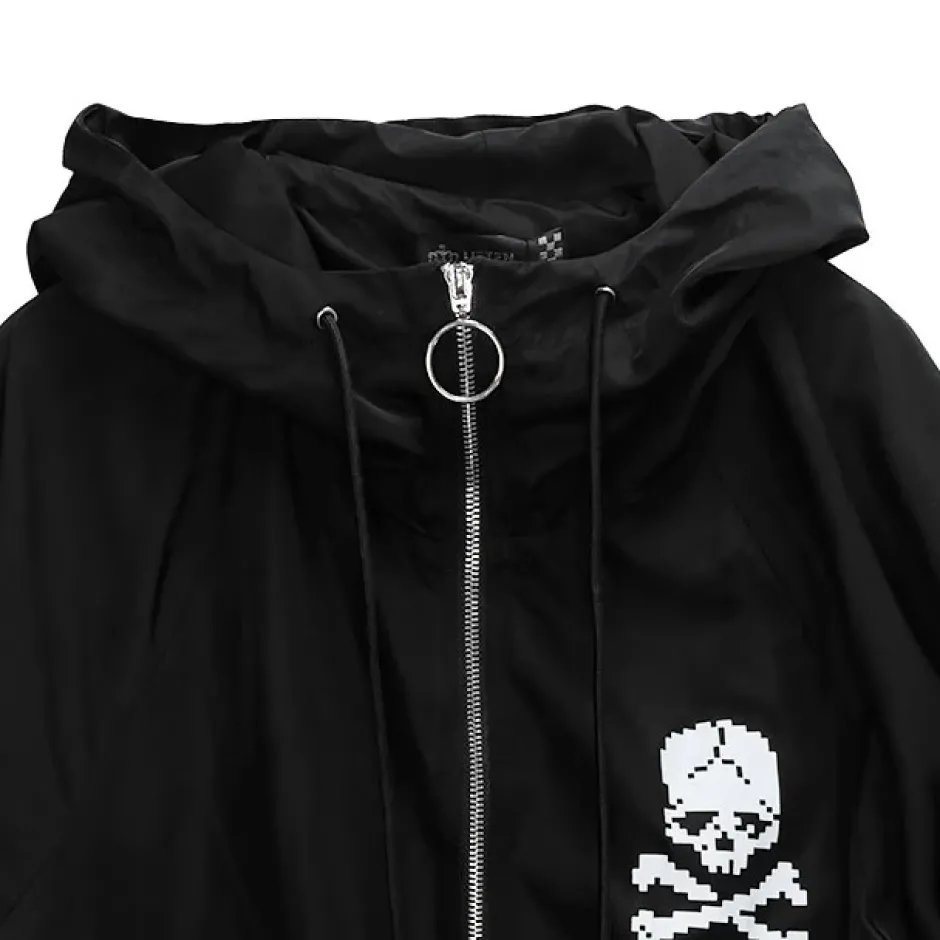 Jackets & Hoodies>LISTEN FLAVOR Black 8-Bit Skull Anorak Jacket