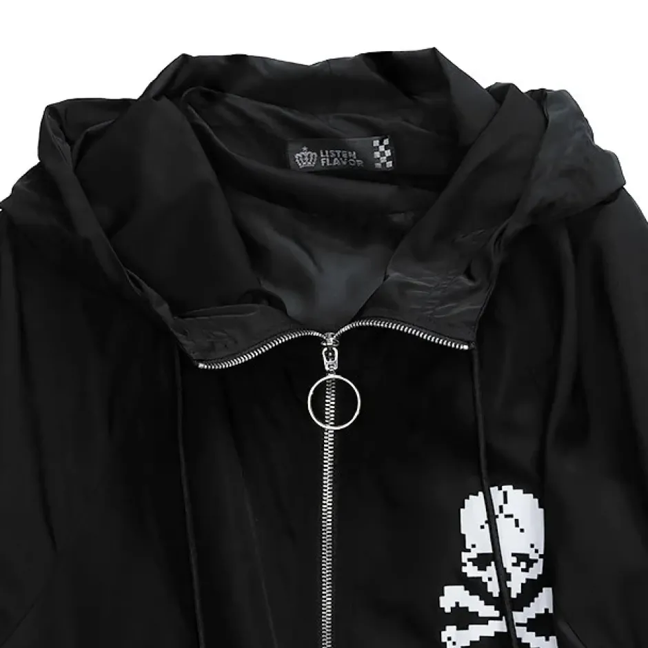 Jackets & Hoodies>LISTEN FLAVOR Black 8-Bit Skull Anorak Jacket