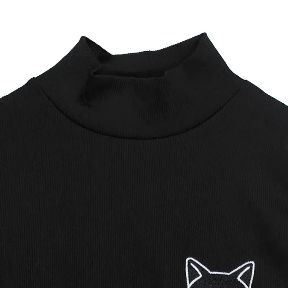 LISTEN FLAVOR Black Cat Studded Ribbed Top Best