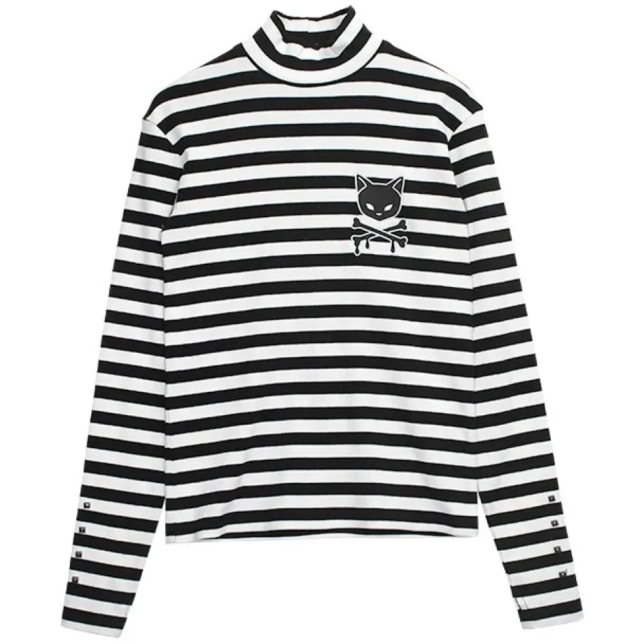 LISTEN FLAVOR Black Cat Studded Ribbed Top Best