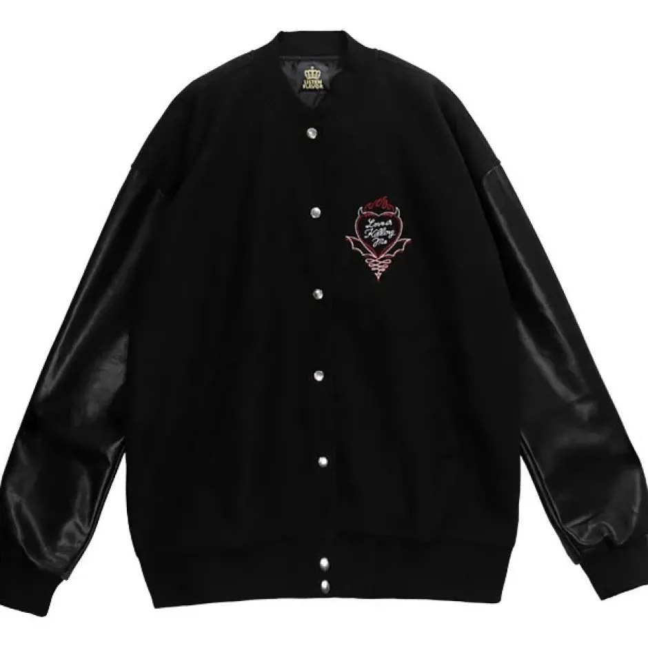 Jackets & Hoodies>LISTEN FLAVOR Black Devil Heart Leather Sleeve Sutajan