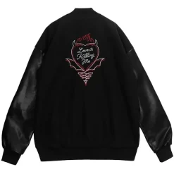 Jackets & Hoodies>LISTEN FLAVOR Black Devil Heart Leather Sleeve Sutajan