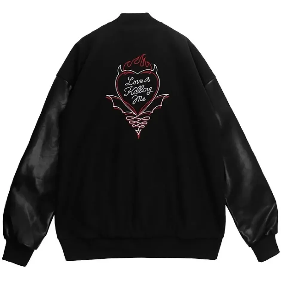 Jackets & Hoodies>LISTEN FLAVOR Black Devil Heart Leather Sleeve Sutajan