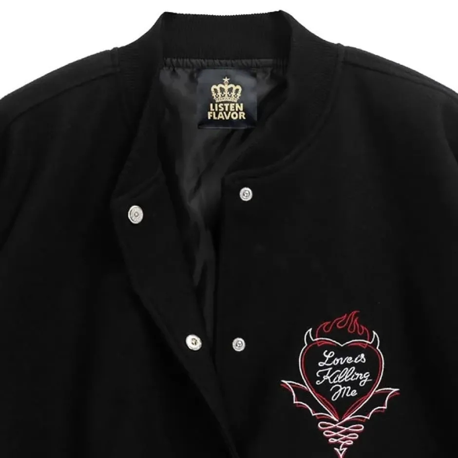 Jackets & Hoodies>LISTEN FLAVOR Black Devil Heart Leather Sleeve Sutajan