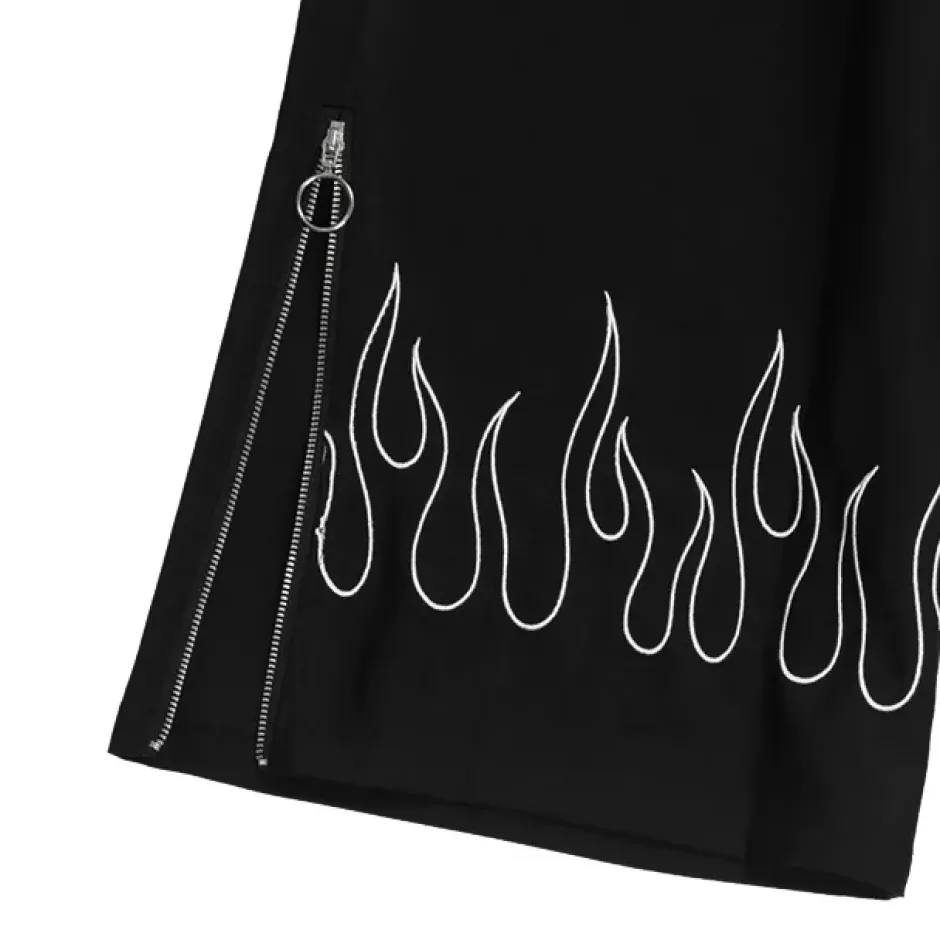 LISTEN FLAVOR Black Fire Embroidered Zip Slit Wide Pants Best