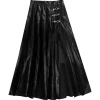 LISTEN FLAVOR Black Leather Fire Buckle Layered-Style Pleated Skirt Online