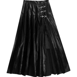 LISTEN FLAVOR Black Leather Fire Buckle Layered-Style Pleated Skirt Online