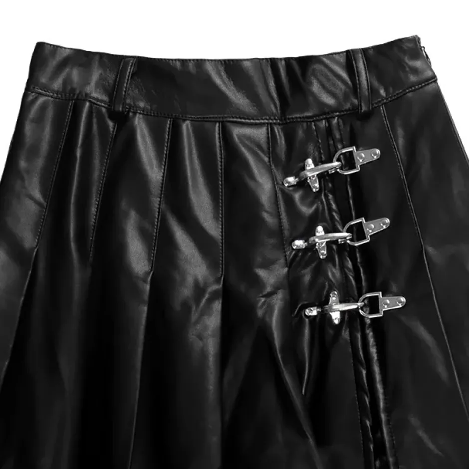 LISTEN FLAVOR Black Leather Fire Buckle Layered-Style Pleated Skirt Online