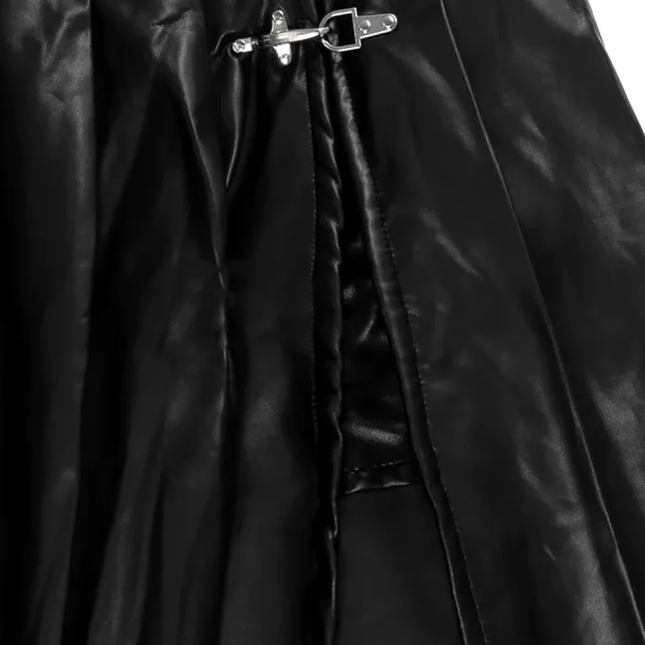 LISTEN FLAVOR Black Leather Fire Buckle Layered-Style Pleated Skirt Online