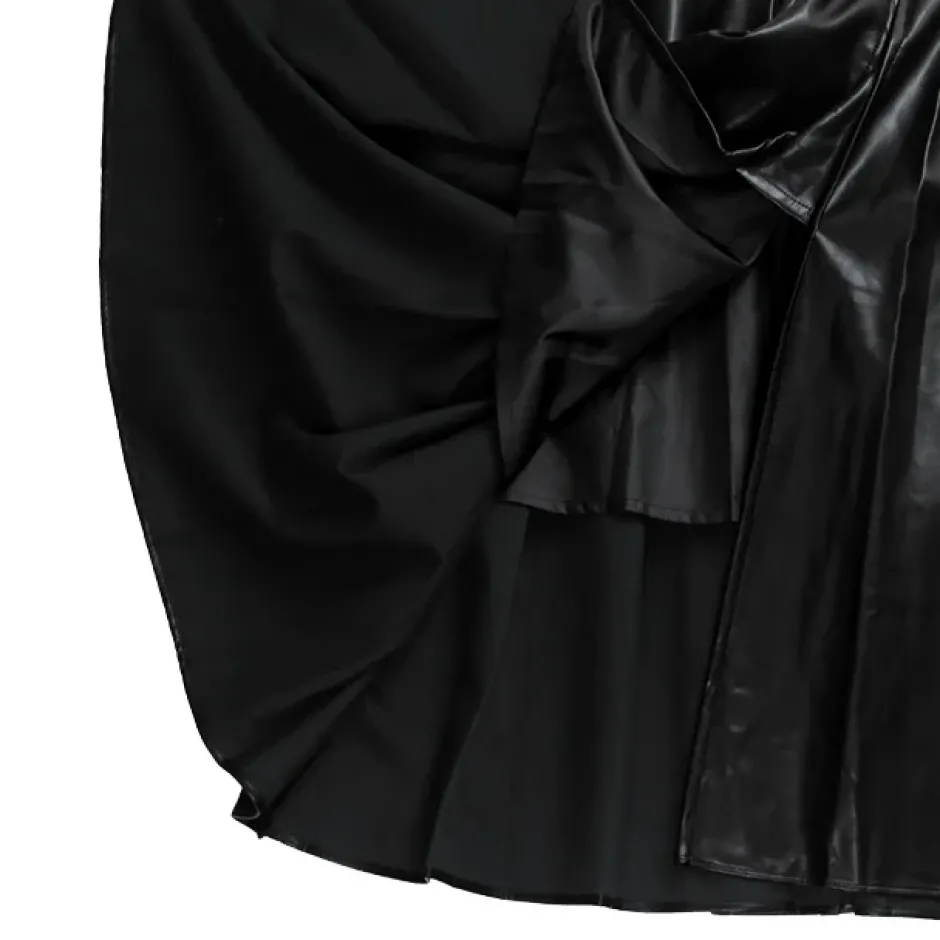 LISTEN FLAVOR Black Leather Fire Buckle Layered-Style Pleated Skirt Online
