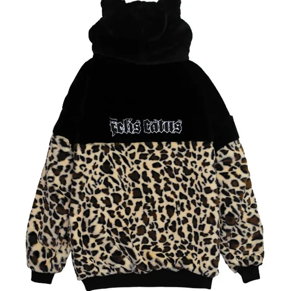LISTEN FLAVOR Black x Leopard Cat Paw Boa Blouson Clearance