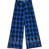 LISTEN FLAVOR Blue Plaid Fire Embroidered Zip Slit Wide Pants Discount