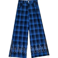 LISTEN FLAVOR Blue Plaid Fire Embroidered Zip Slit Wide Pants Discount