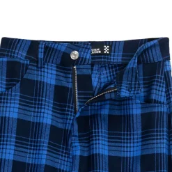 LISTEN FLAVOR Blue Plaid Fire Embroidered Zip Slit Wide Pants Discount