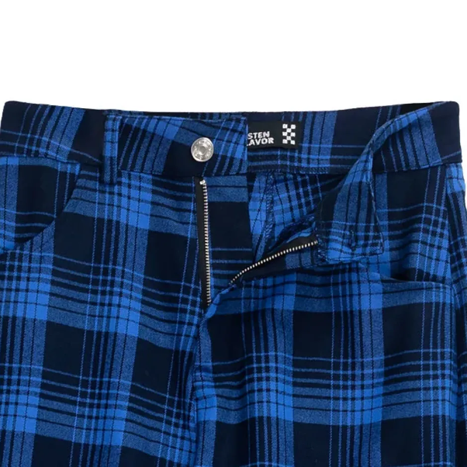 LISTEN FLAVOR Blue Plaid Fire Embroidered Zip Slit Wide Pants Discount
