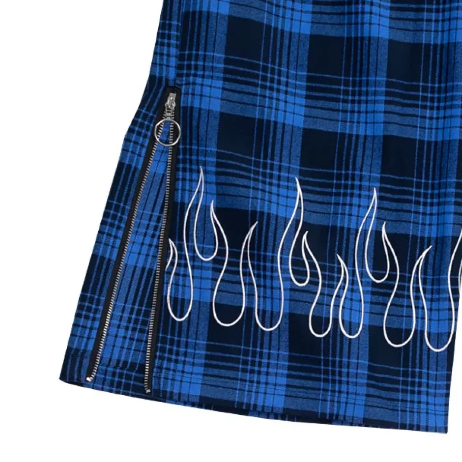 LISTEN FLAVOR Blue Plaid Fire Embroidered Zip Slit Wide Pants Discount