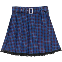 Bottoms>LISTEN FLAVOR Blue Plaid Pleated Mini Skirt w/ Belt