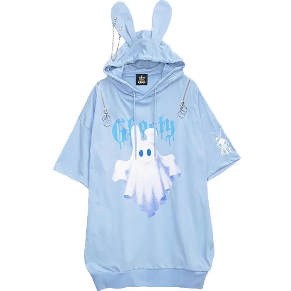 LISTEN FLAVOR Bunny Ear Ghost Hoodie New