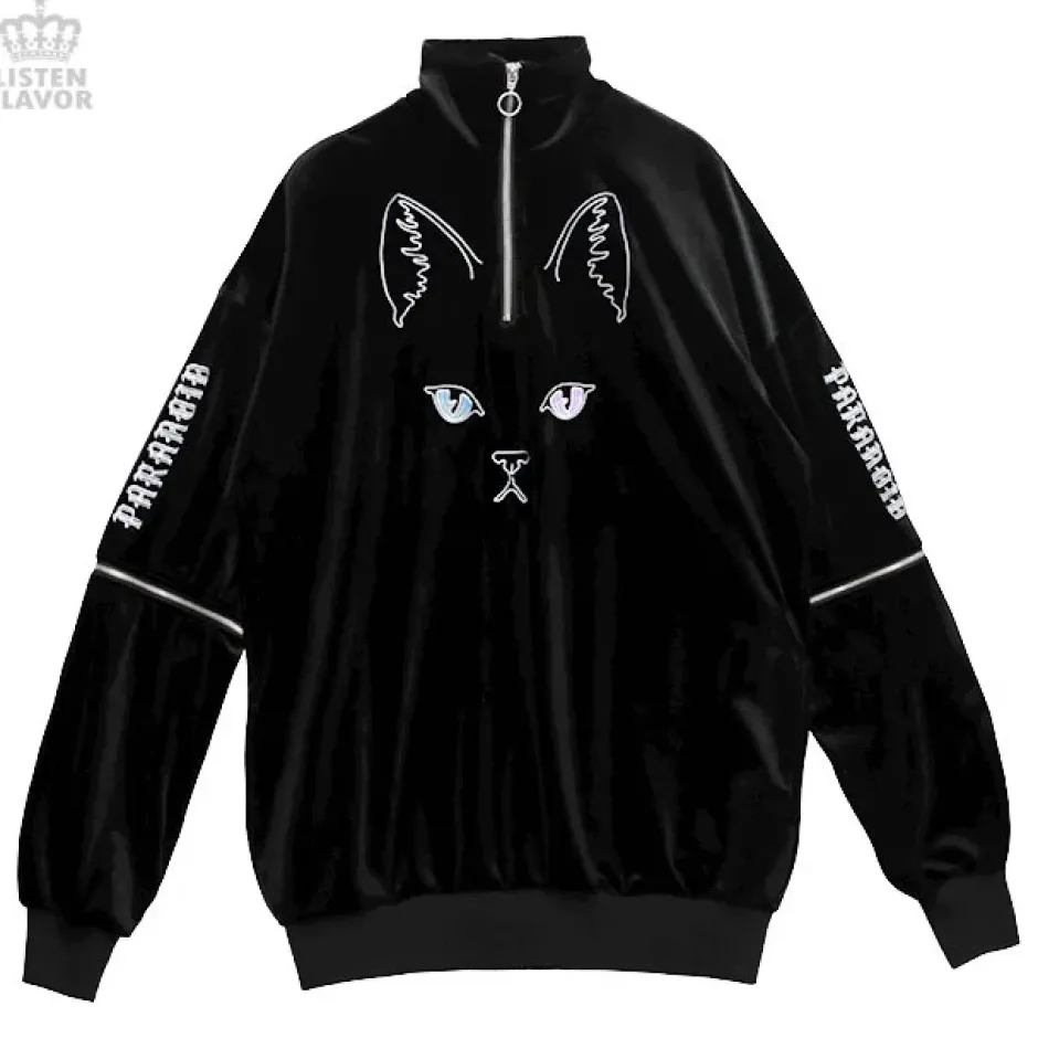 LISTEN FLAVOR Cat Eye Velour Half-Zip Pullover New