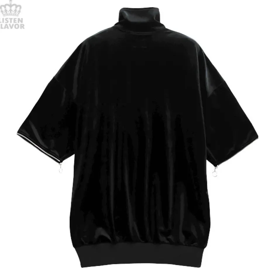 LISTEN FLAVOR Cat Eye Velour Half-Zip Pullover New