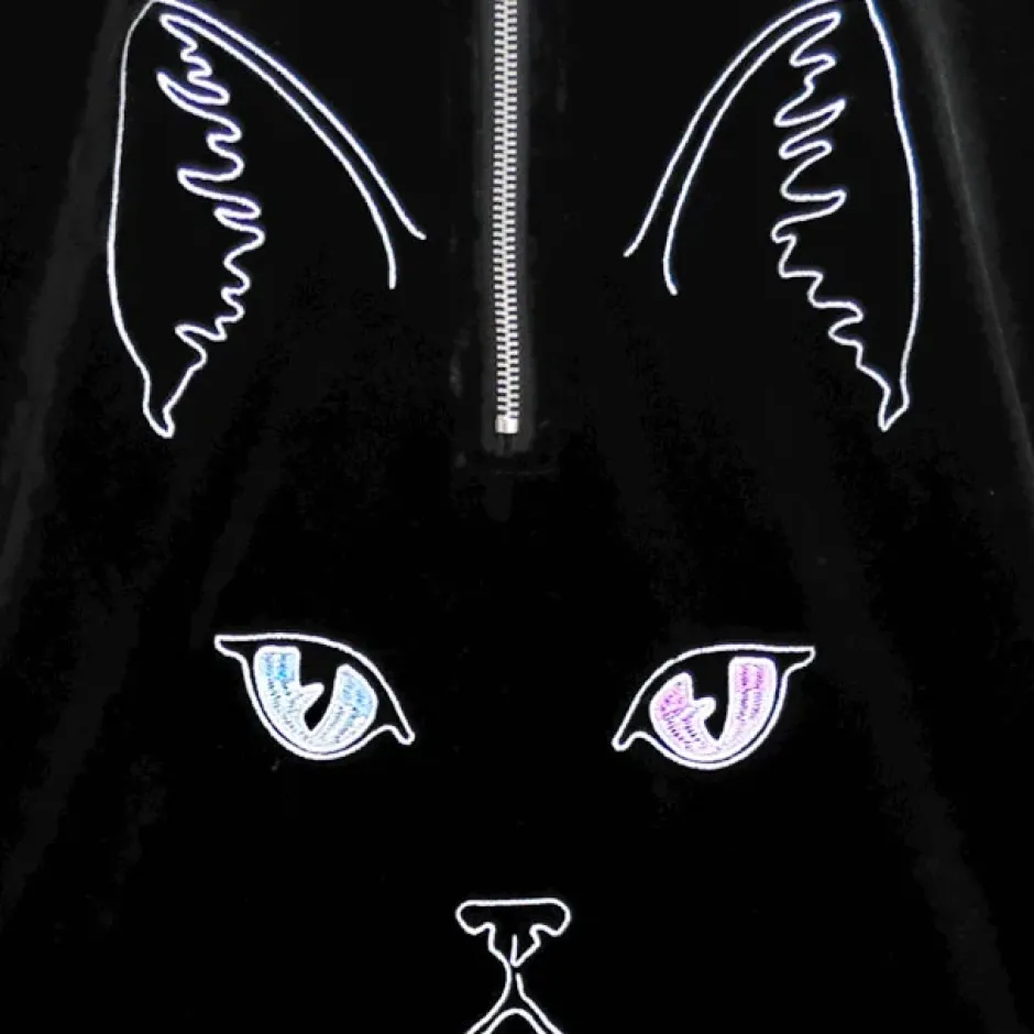 LISTEN FLAVOR Cat Eye Velour Half-Zip Pullover New
