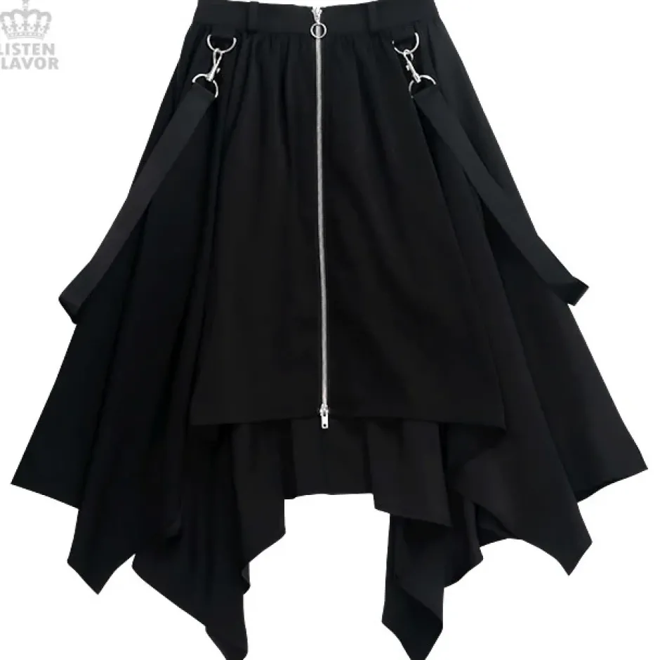 LISTEN FLAVOR Center Zip Hemline Skirt w/ Strap Hot