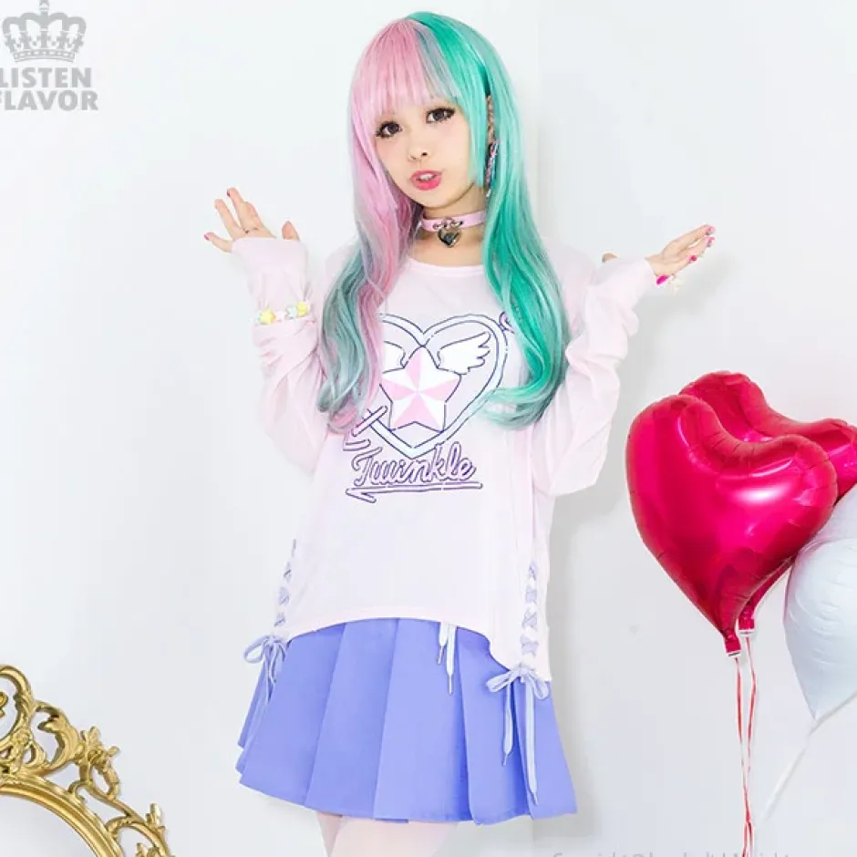 Bottoms>LISTEN FLAVOR Cherry Lace-Up Pleated Skirt