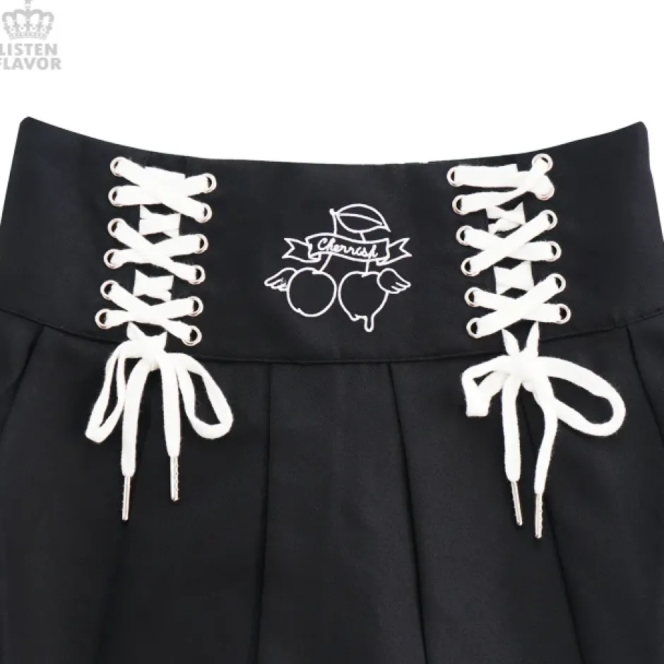 Bottoms>LISTEN FLAVOR Cherry Lace-Up Pleated Skirt