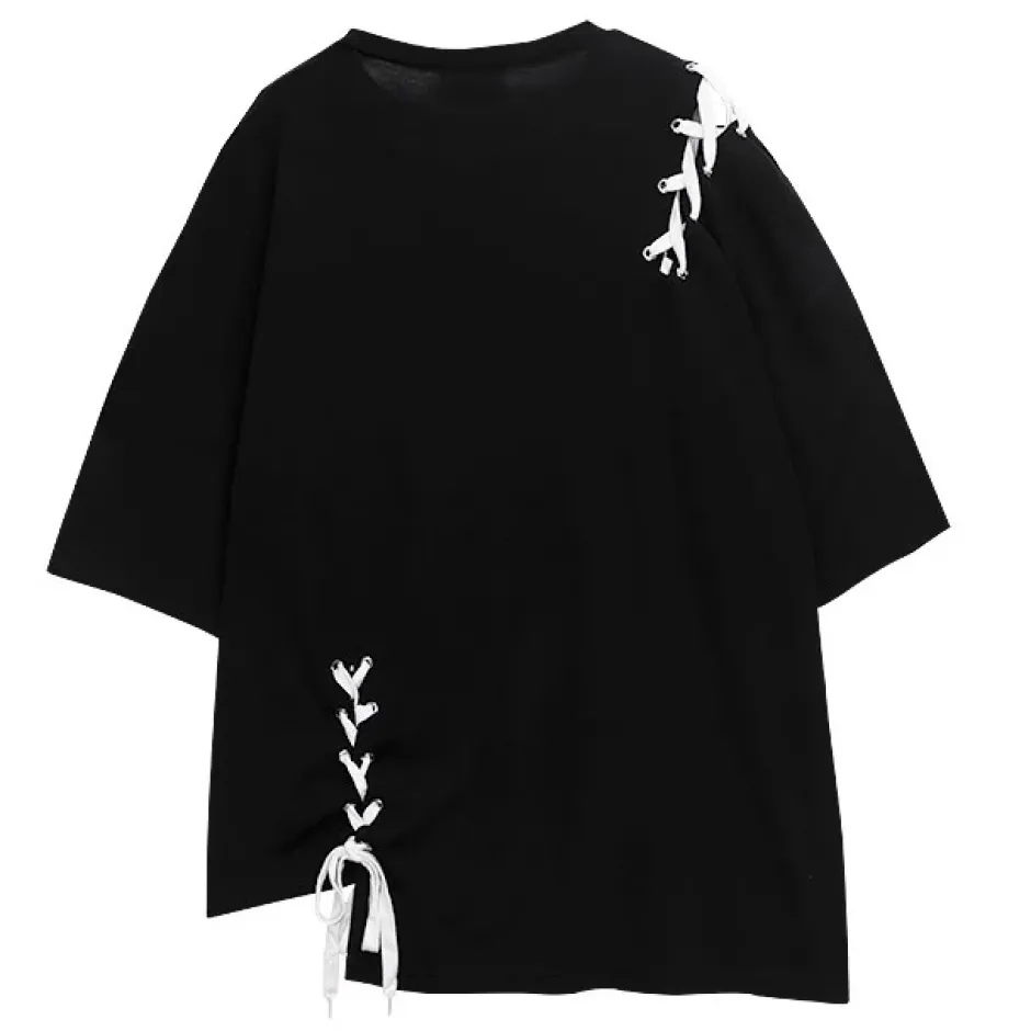 Tops>LISTEN FLAVOR Cross Safety Pin Lace-Up Asymmetrical Top