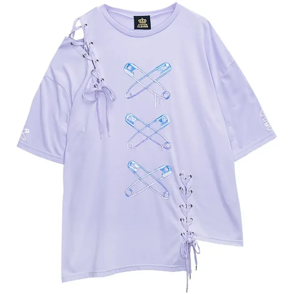 Tops>LISTEN FLAVOR Cross Safety Pin Lace-Up Asymmetrical Top