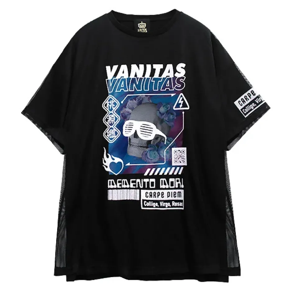 Tops>LISTEN FLAVOR Cyber Skull Mesh Layer T-Shirt
