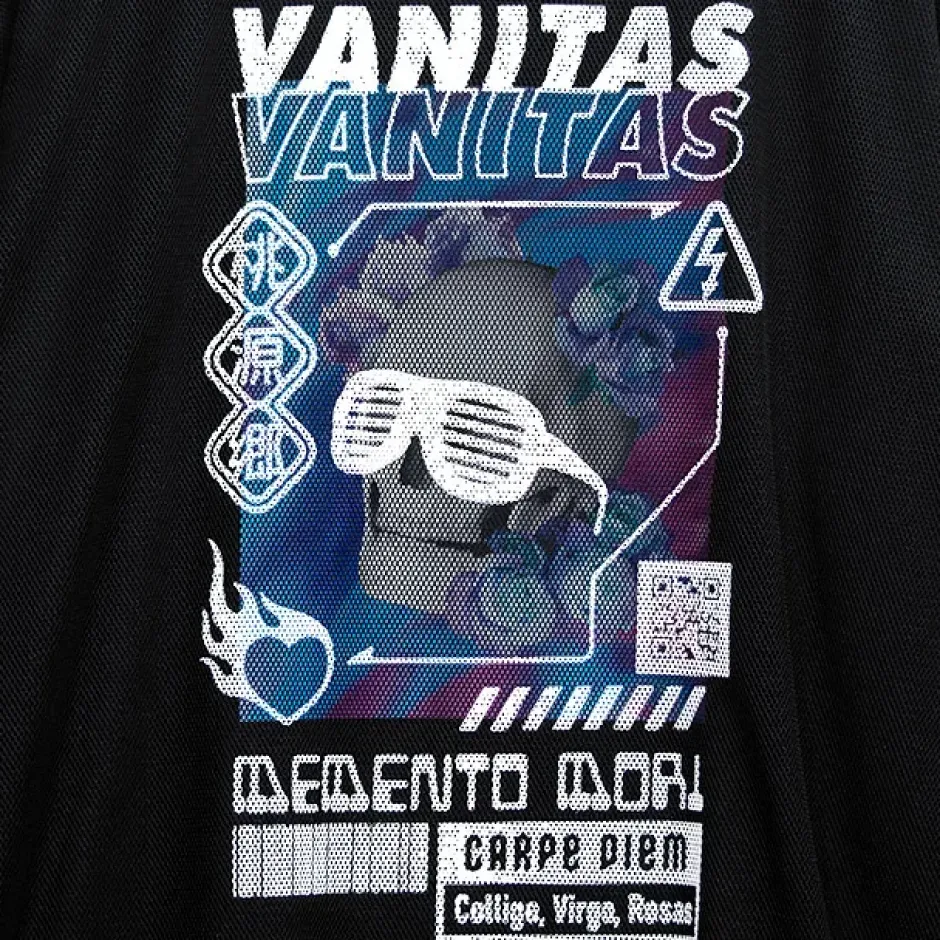 Tops>LISTEN FLAVOR Cyber Skull Mesh Layer T-Shirt