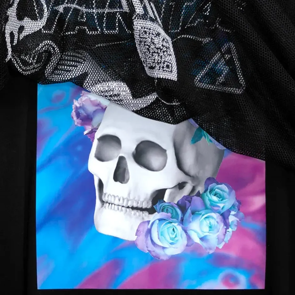 Tops>LISTEN FLAVOR Cyber Skull Mesh Layer T-Shirt