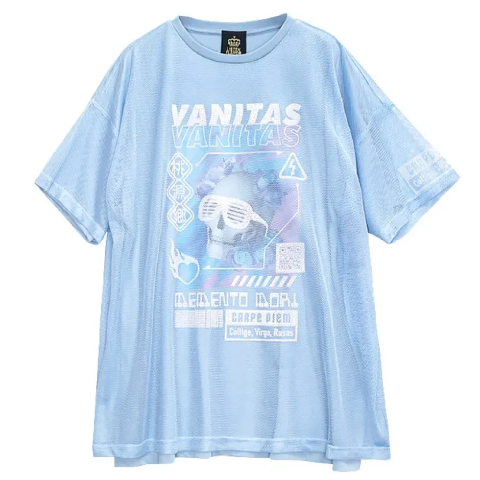 Tops>LISTEN FLAVOR Cyber Skull Mesh Layer T-Shirt