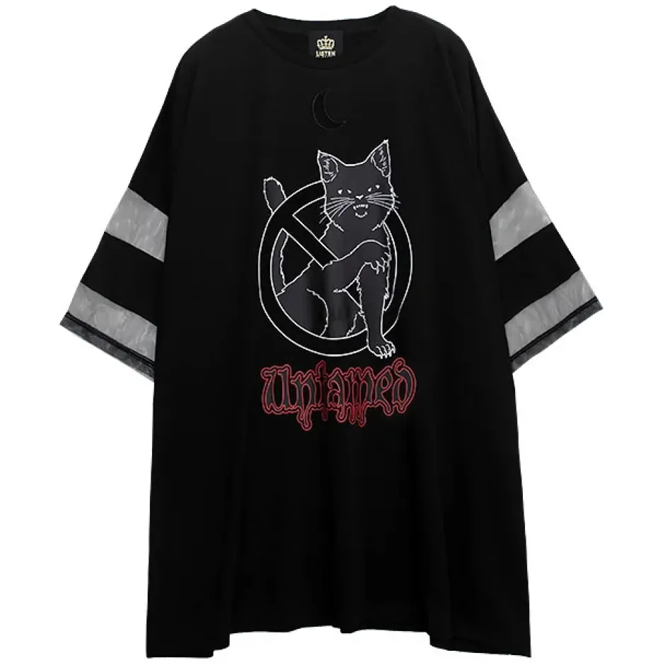 LISTEN FLAVOR Dangerous Black Cat Sheer Switching Top Discount