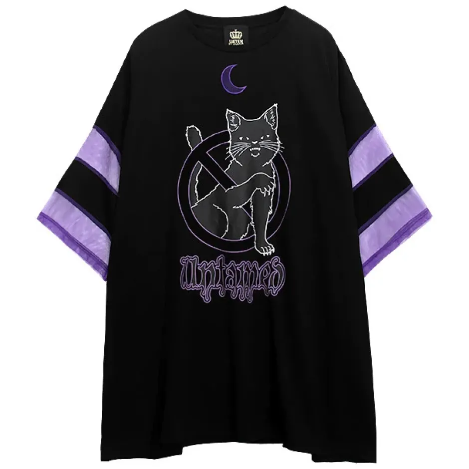 LISTEN FLAVOR Dangerous Black Cat Sheer Switching Top Discount