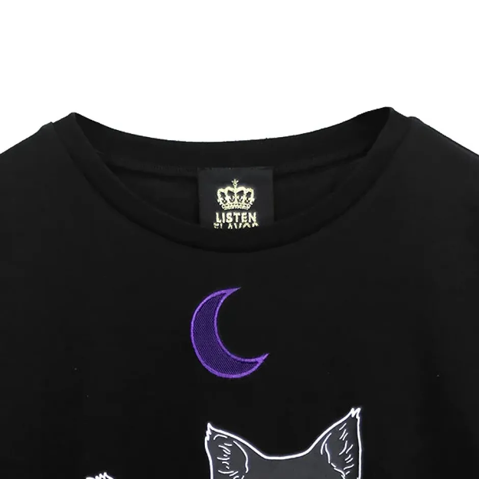 LISTEN FLAVOR Dangerous Black Cat Sheer Switching Top Discount
