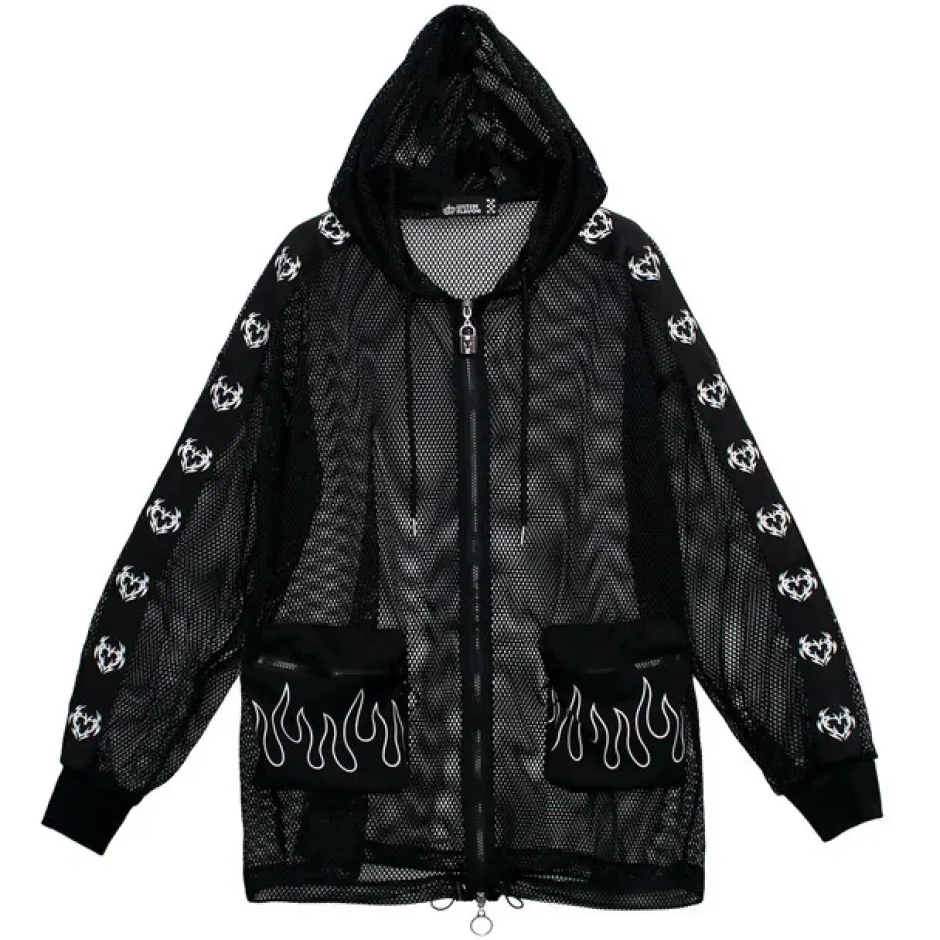 LISTEN FLAVOR Dangerous Heart Sleeve Line Mesh Zip Hoodie Black New