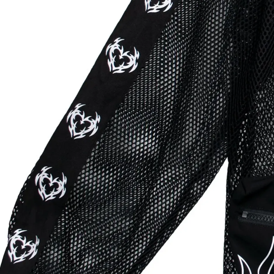 LISTEN FLAVOR Dangerous Heart Sleeve Line Mesh Zip Hoodie Black New