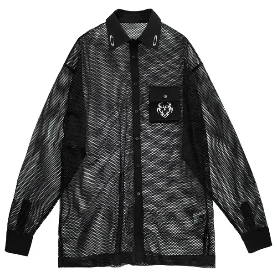 Tops>LISTEN FLAVOR Dark Metal Heart Mesh Shirt Black