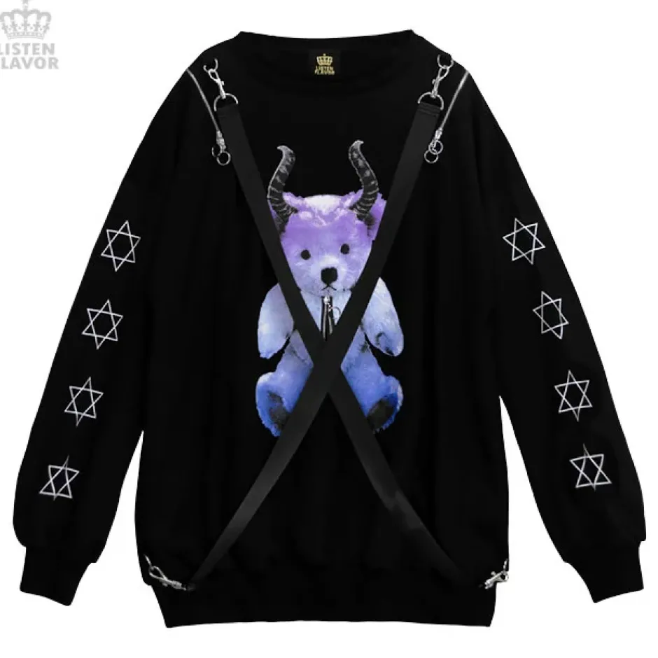 LISTEN FLAVOR Devil Bear Shoulder Zip Big Pullover w/ Straps Sale