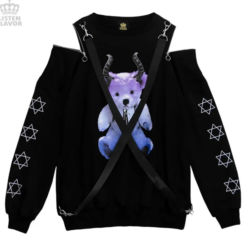 LISTEN FLAVOR Devil Bear Shoulder Zip Big Pullover w/ Straps Sale