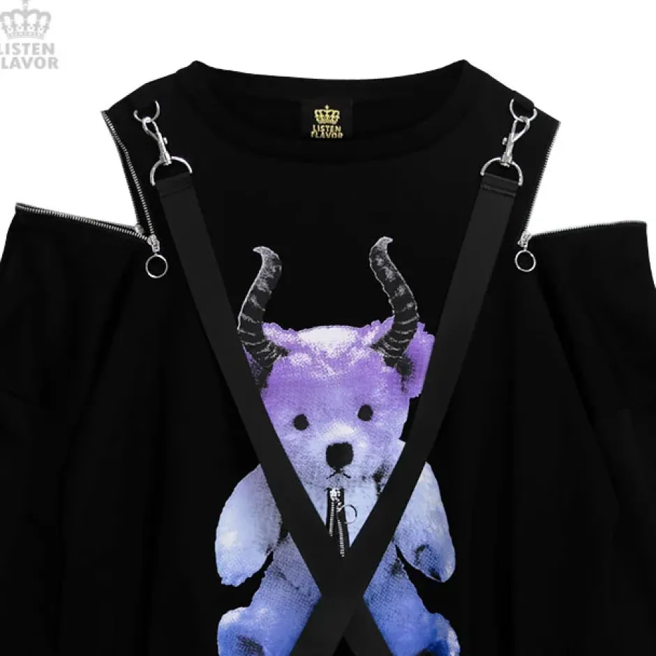 LISTEN FLAVOR Devil Bear Shoulder Zip Big Pullover w/ Straps Sale