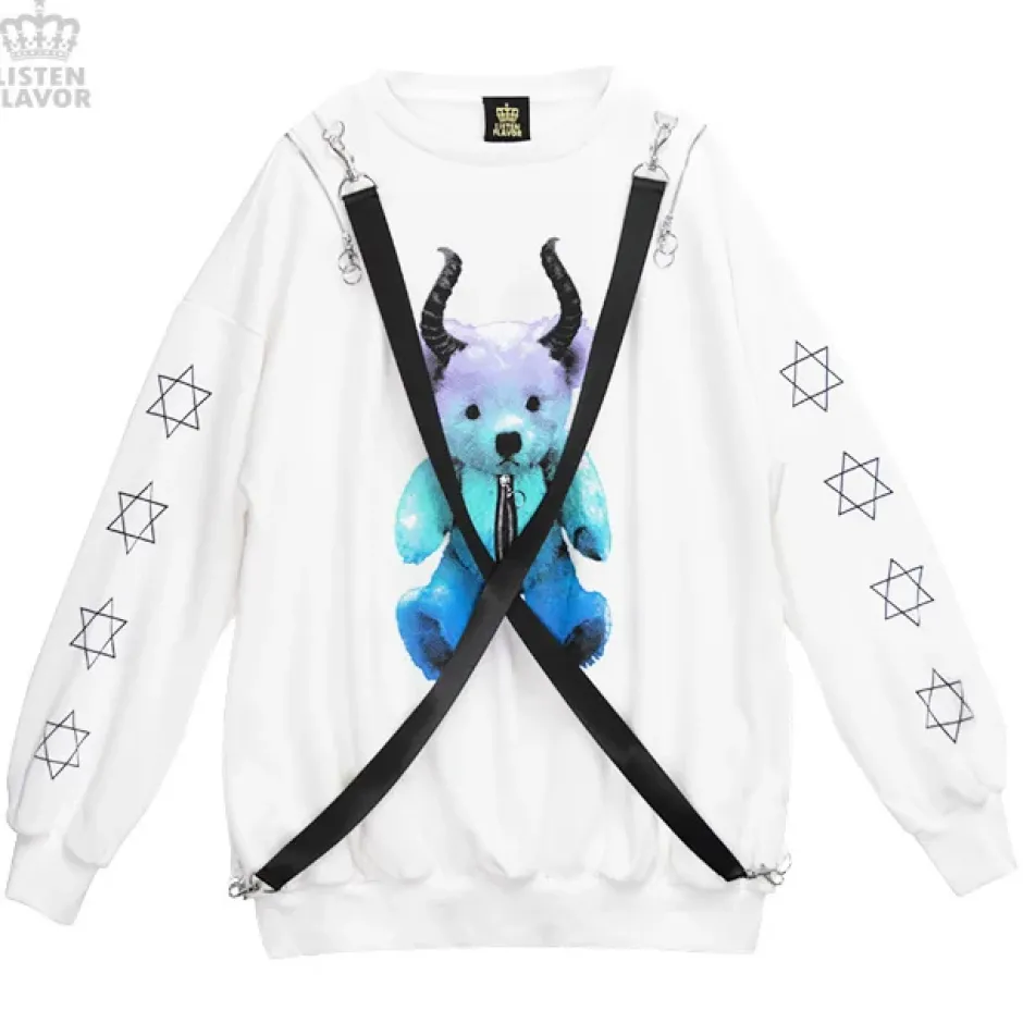 LISTEN FLAVOR Devil Bear Shoulder Zip Big Pullover w/ Straps Sale