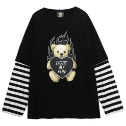 LISTEN FLAVOR Fire Heart Bear Layered-Style Long Sleeve T-Shirt Online